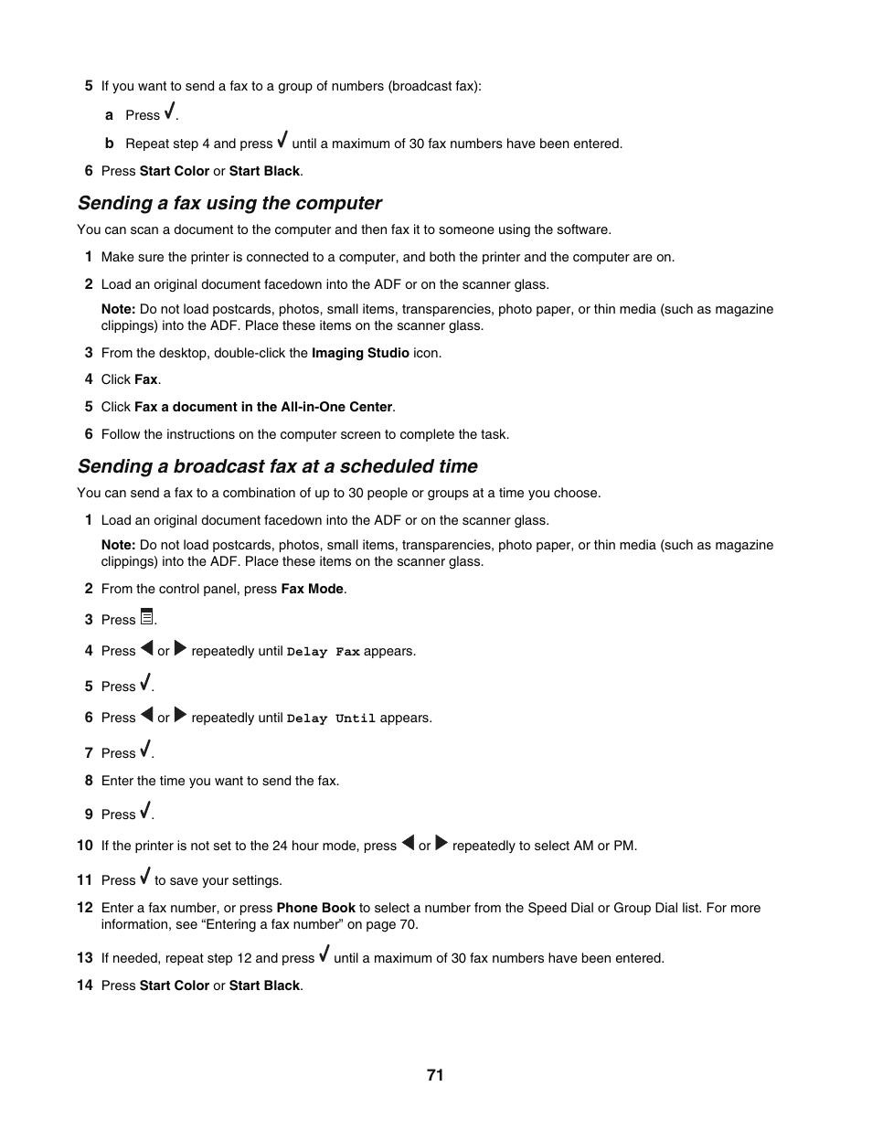 Sending a fax using the computer, Sending a broadcast fax at a scheduled time | Lexmark 5400 User Manual | Page 71 / 127