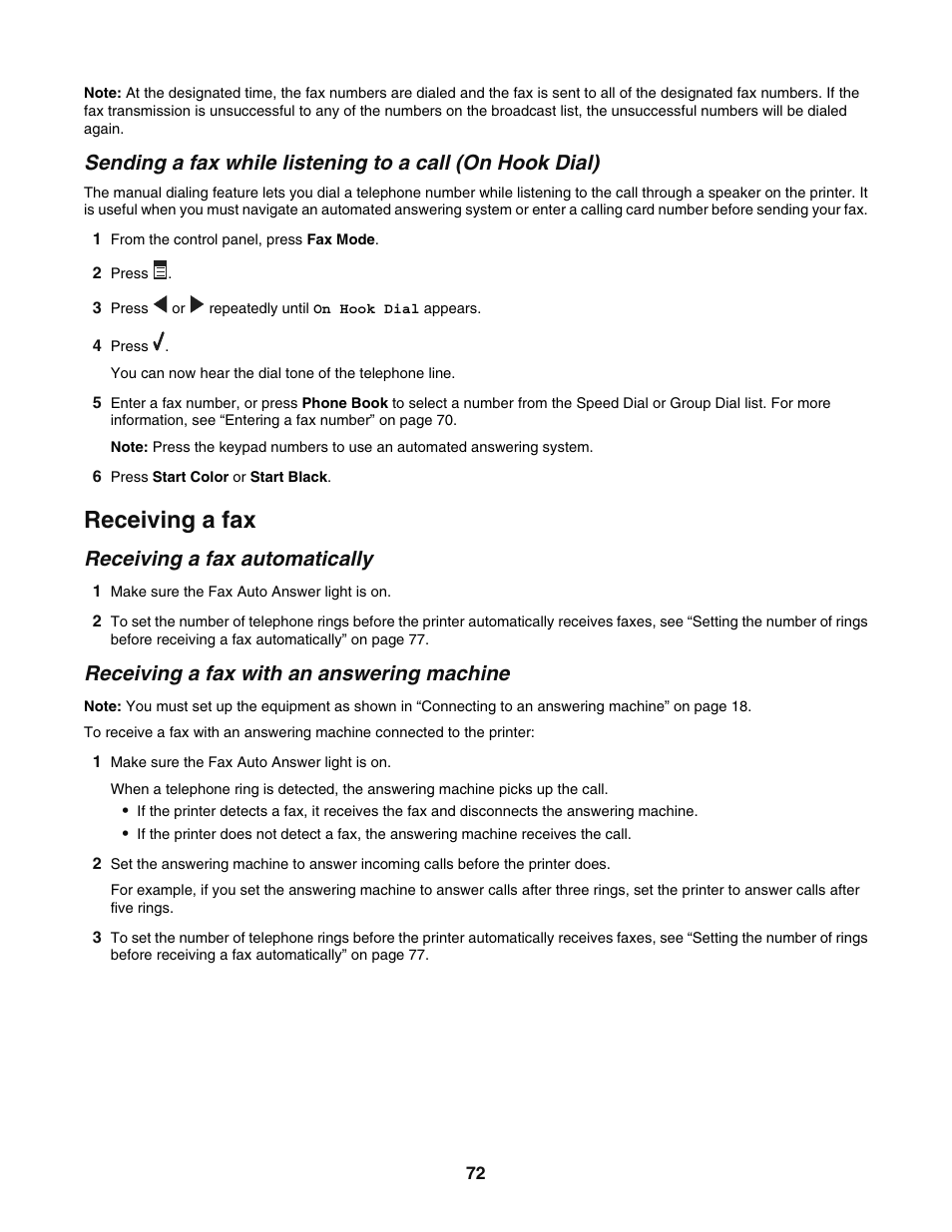 Receiving a fax, Receiving a fax automatically, Receiving a fax with an answering machine | Lexmark 5400 User Manual | Page 72 / 127