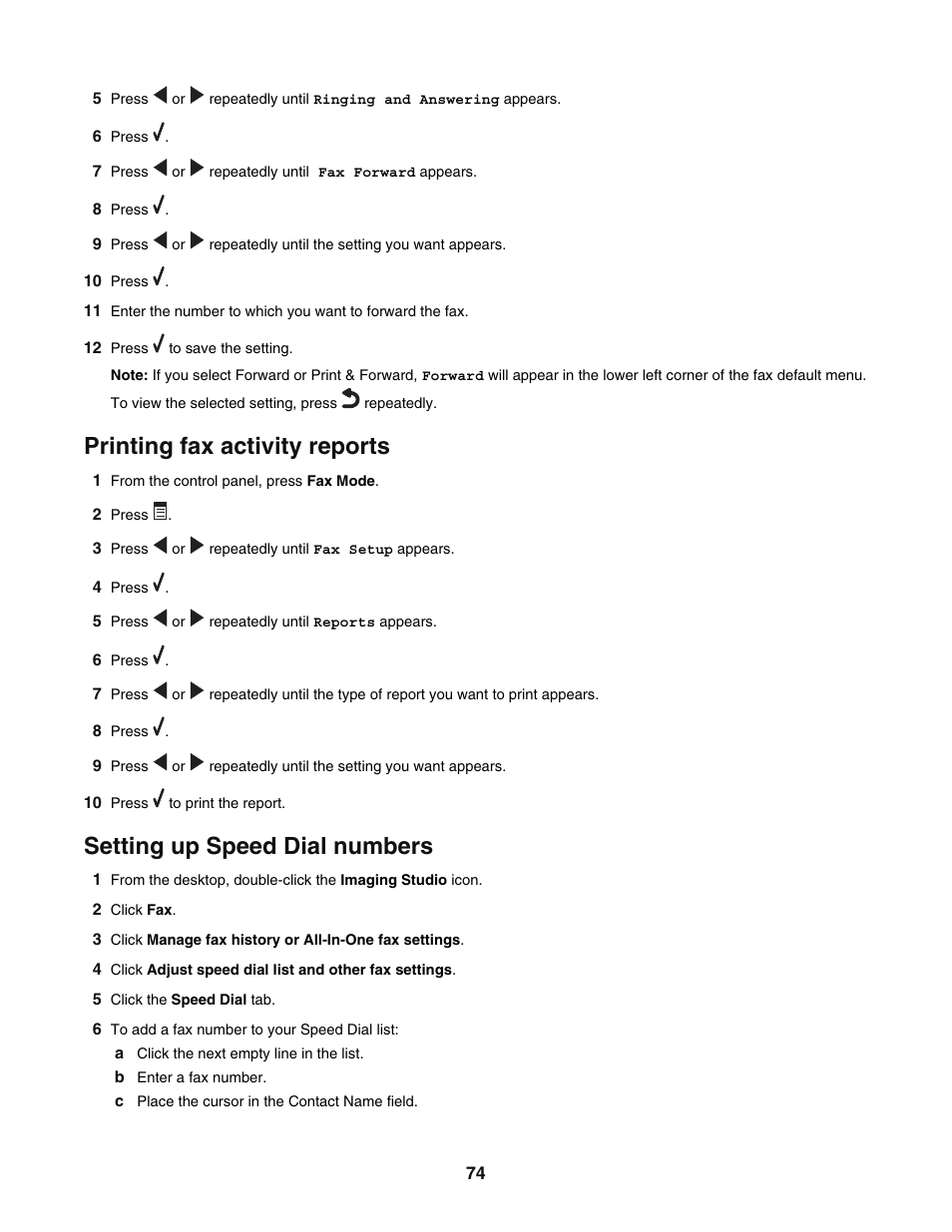 Printing fax activity reports, Setting up speed dial numbers | Lexmark 5400 User Manual | Page 74 / 127