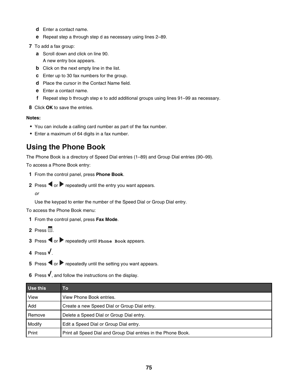 Using the phone book | Lexmark 5400 User Manual | Page 75 / 127