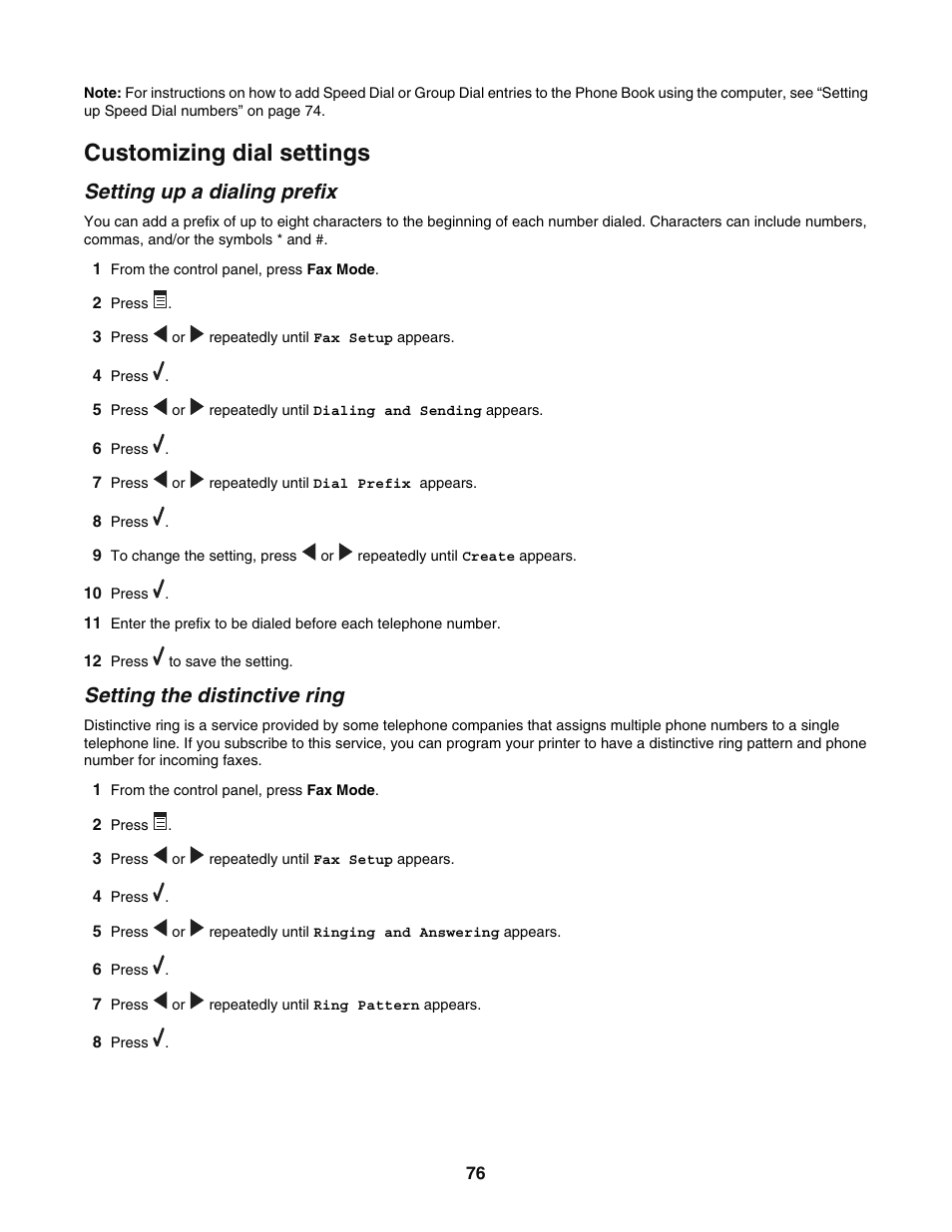 Customizing dial settings, Setting up a dialing prefix, Setting the distinctive ring | Lexmark 5400 User Manual | Page 76 / 127