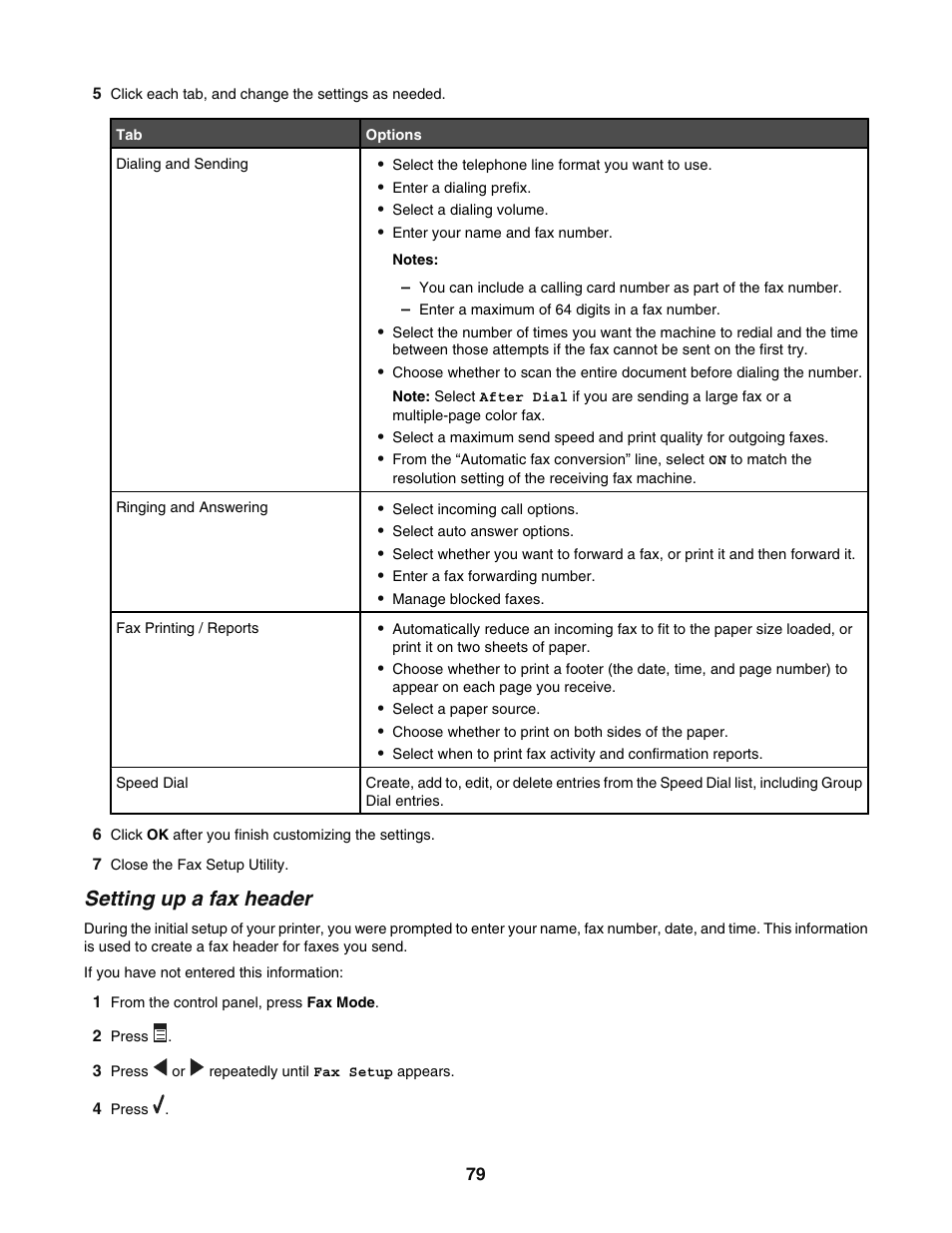 Setting up a fax header | Lexmark 5400 User Manual | Page 79 / 127
