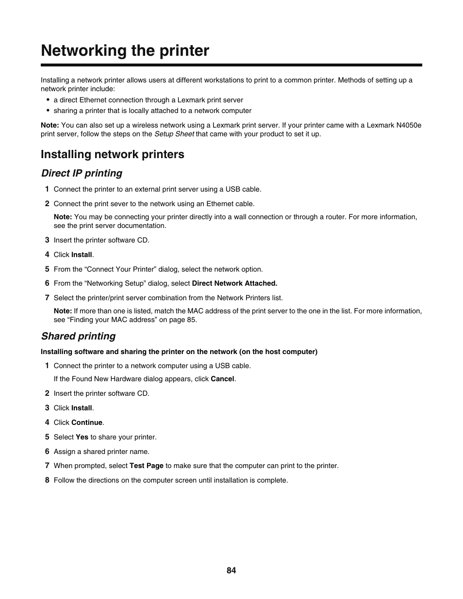 Networking the printer, Installing network printers, Direct ip printing | Shared printing | Lexmark 5400 User Manual | Page 84 / 127