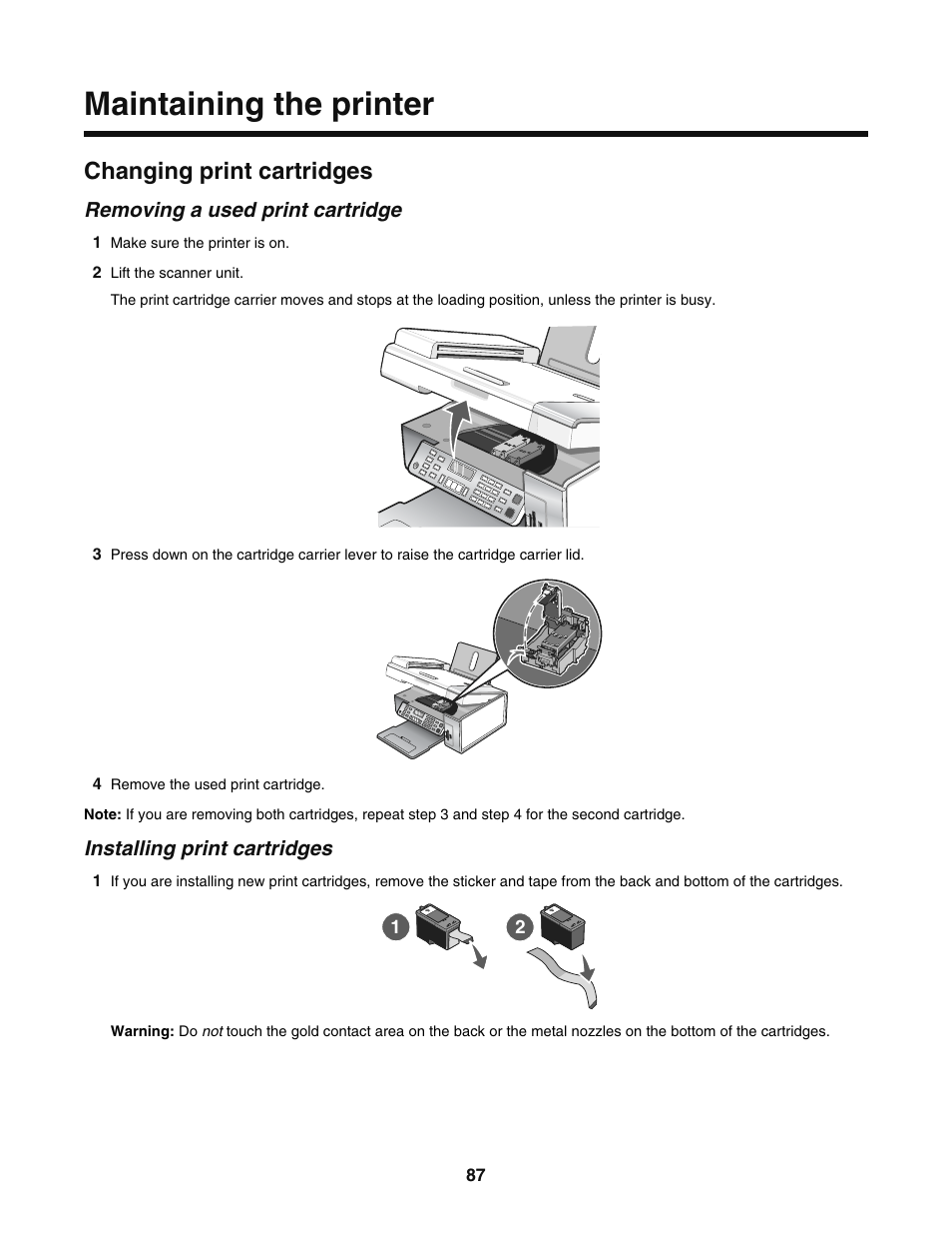 Maintaining the printer, Changing print cartridges, Removing a used print cartridge | Installing print cartridges | Lexmark 5400 User Manual | Page 87 / 127