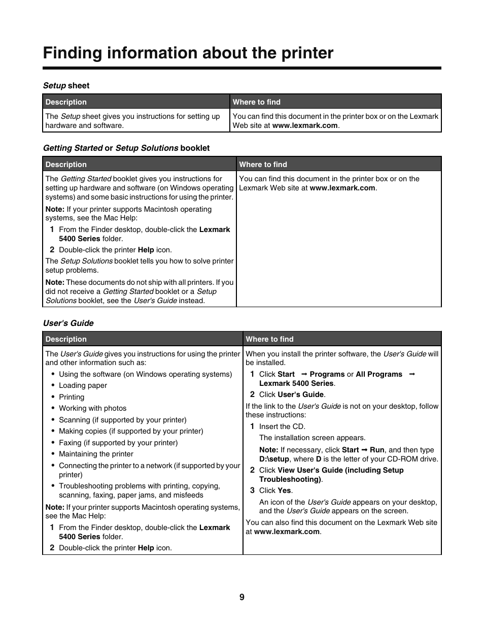 Finding information about the printer | Lexmark 5400 User Manual | Page 9 / 127