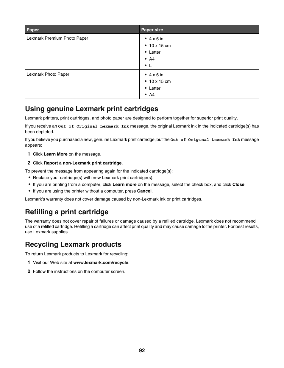 Using genuine lexmark print cartridges, Refilling a print cartridge, Recycling lexmark products | Lexmark 5400 User Manual | Page 92 / 127