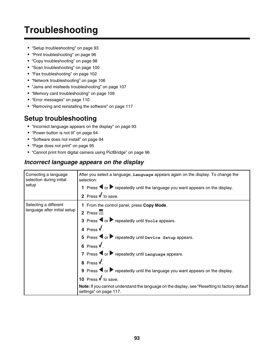 Troubleshooting, Setup troubleshooting, Incorrect language appears on the display | Lexmark 5400 User Manual | Page 93 / 127