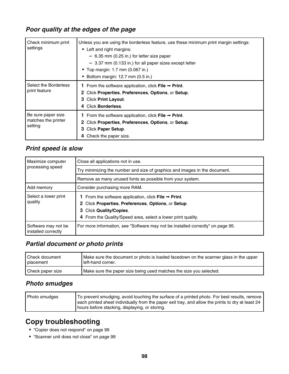 Print speed is slow, Partial document or photo prints, Photo smudges | Copy troubleshooting, Poor quality at the edges of the page | Lexmark 5400 User Manual | Page 98 / 127
