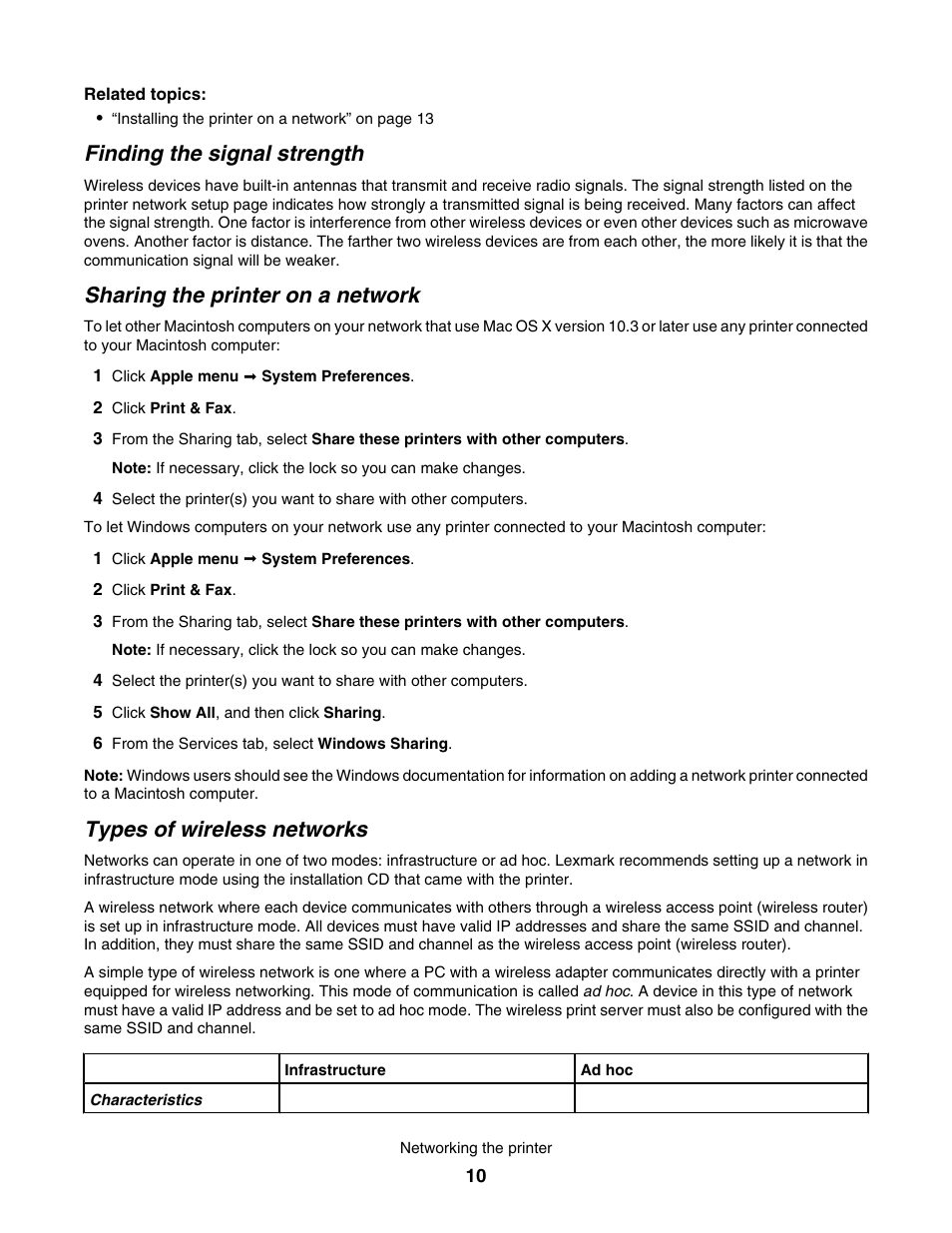 Finding the signal strength, Sharing the printer on a network, Types of wireless networks | Lexmark 7500 Series User Manual | Page 10 / 227