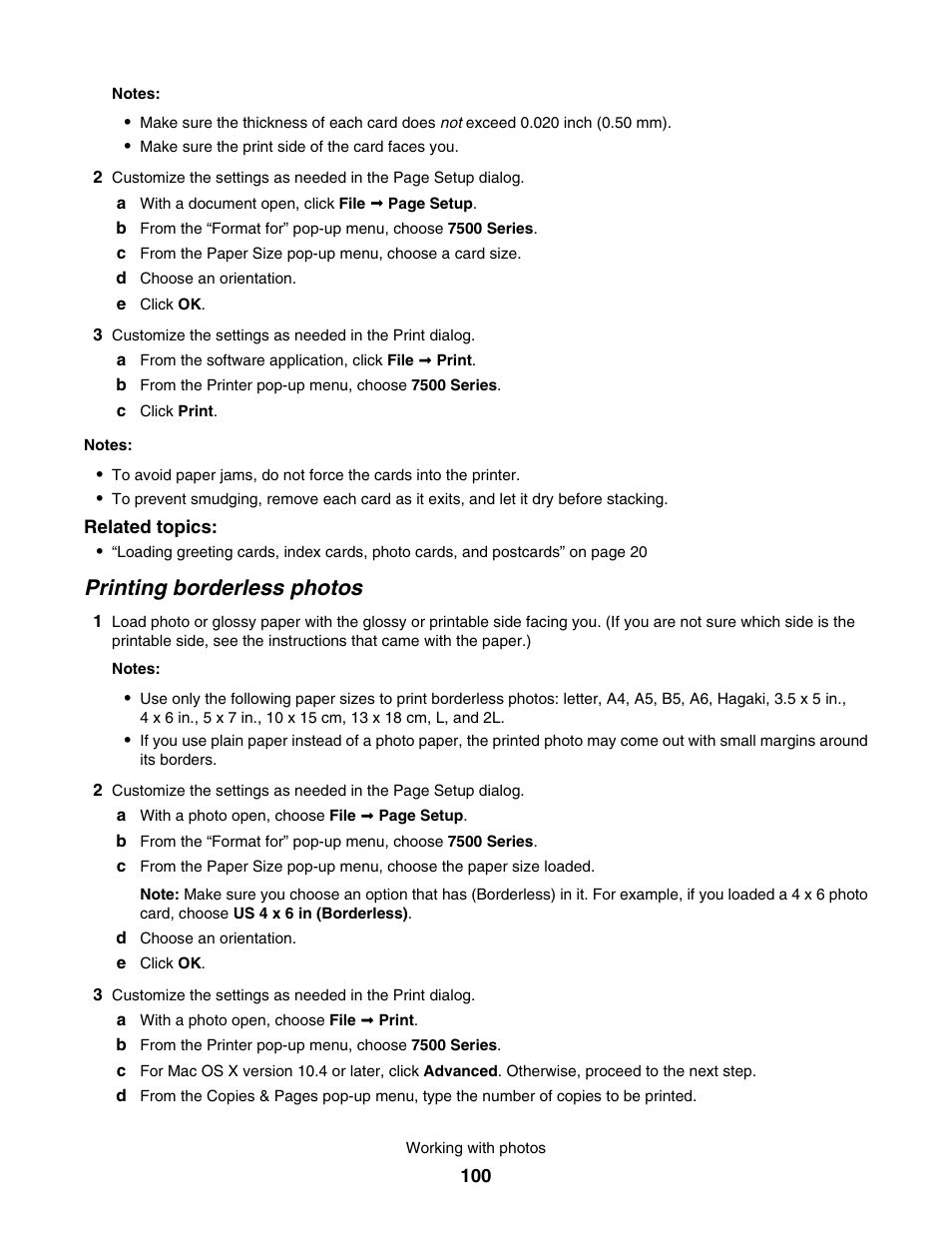 Printing borderless photos | Lexmark 7500 Series User Manual | Page 100 / 227