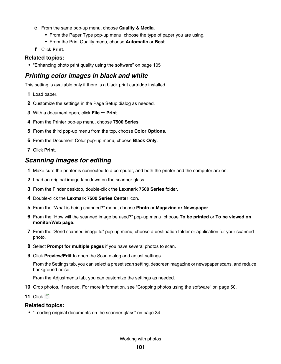 Printing color images in black and white, Scanning images for editing | Lexmark 7500 Series User Manual | Page 101 / 227