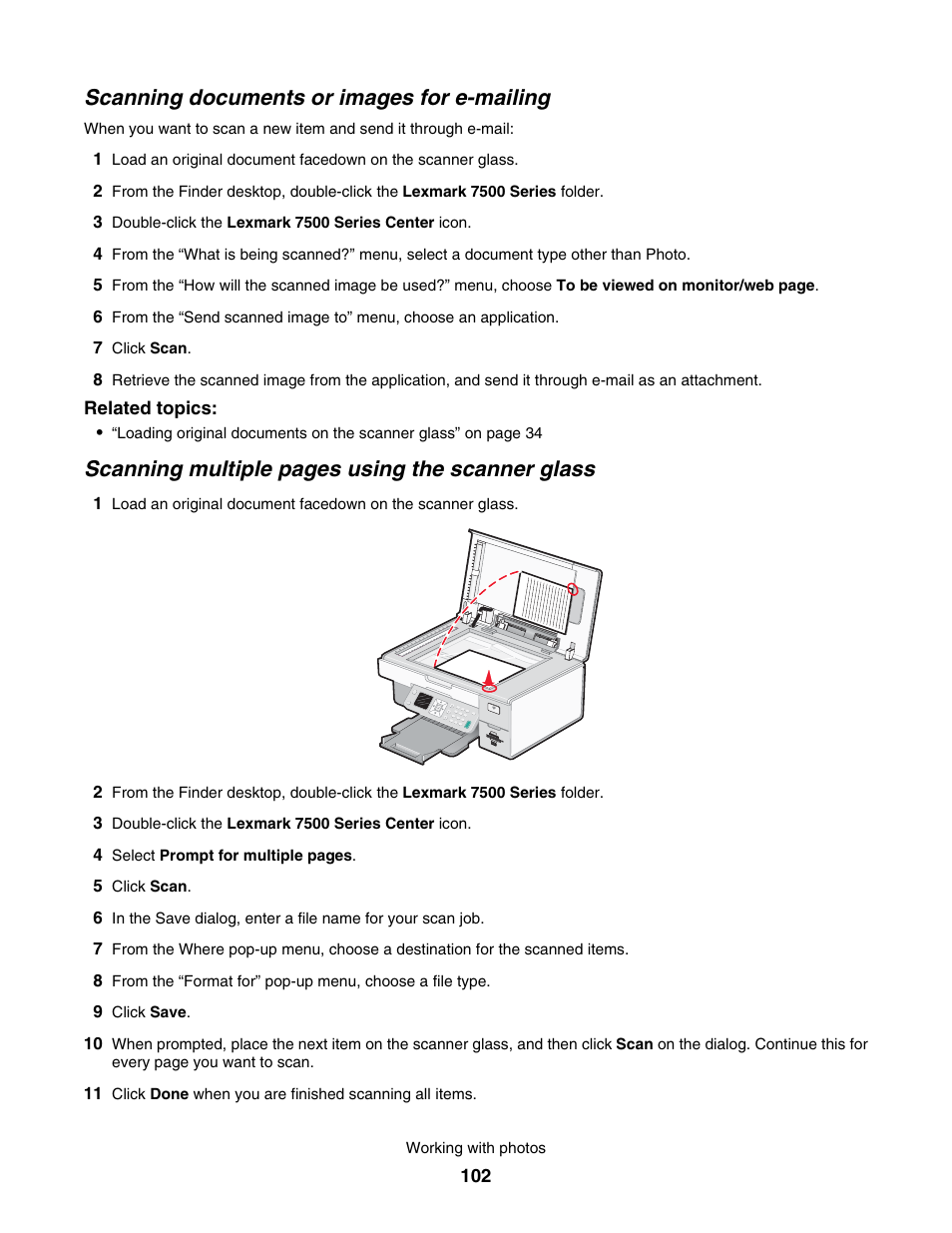 Scanning documents or images for e-mailing, Scanning multiple pages using the scanner glass | Lexmark 7500 Series User Manual | Page 102 / 227