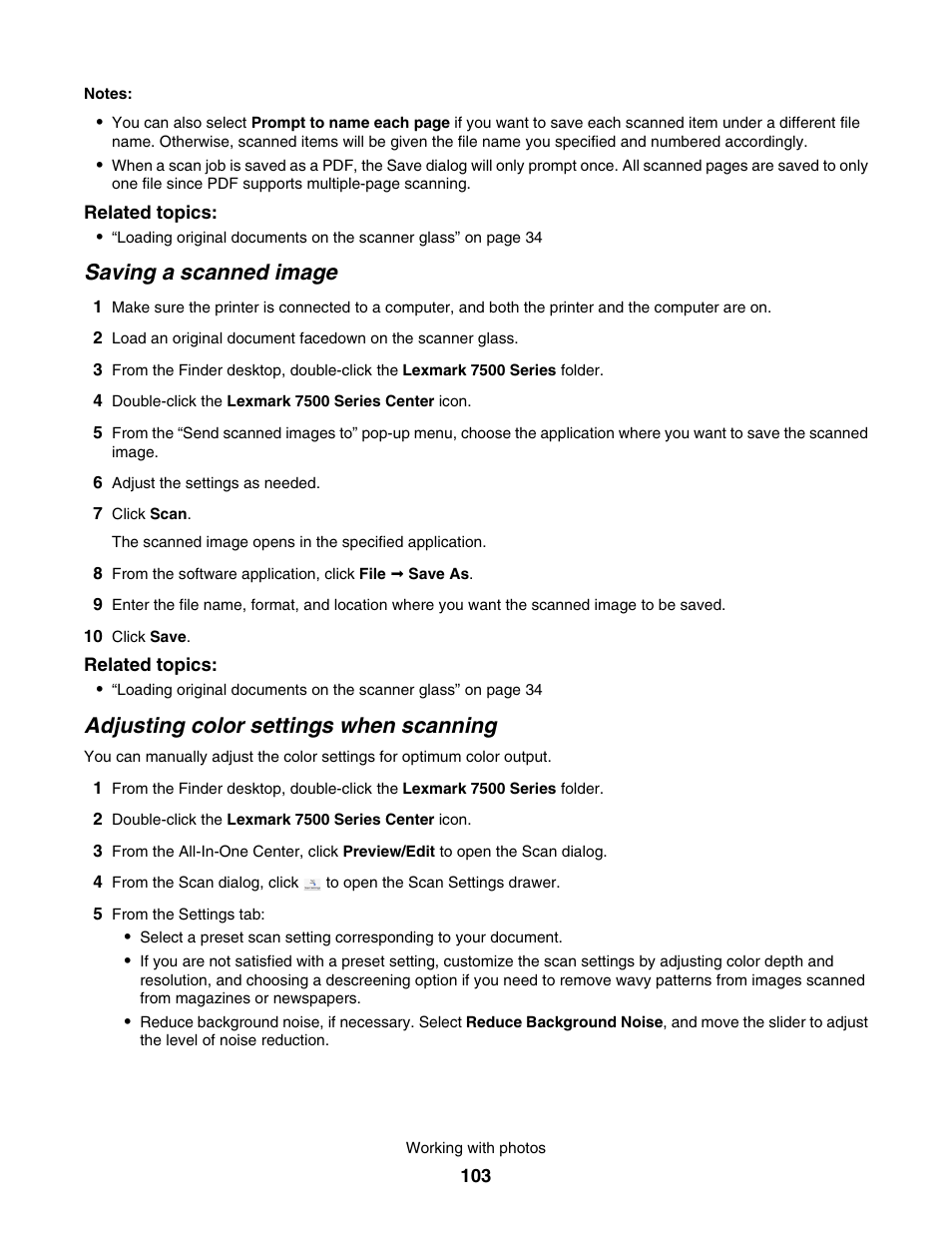 Saving a scanned image, Adjusting color settings when scanning | Lexmark 7500 Series User Manual | Page 103 / 227