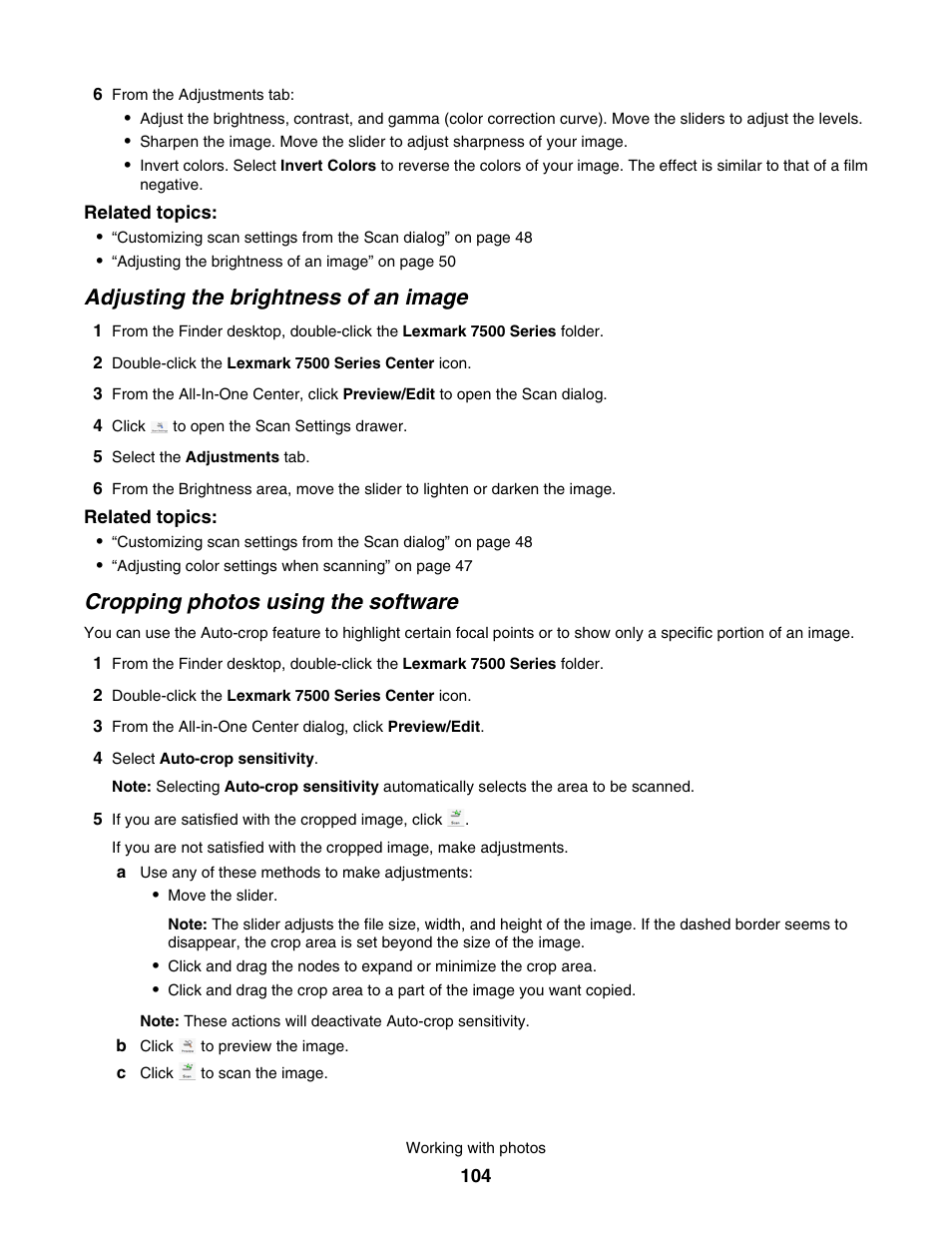 Adjusting the brightness of an image, Cropping photos using the software | Lexmark 7500 Series User Manual | Page 104 / 227