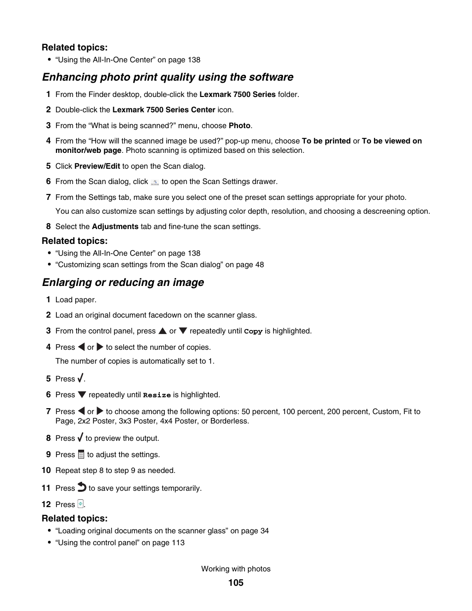 Enhancing photo print quality using the software, Enlarging or reducing an image | Lexmark 7500 Series User Manual | Page 105 / 227