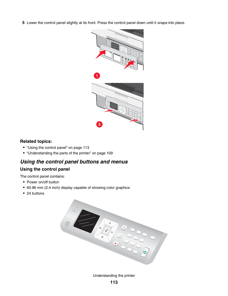 Using the control panel buttons and menus | Lexmark 7500 Series User Manual | Page 113 / 227