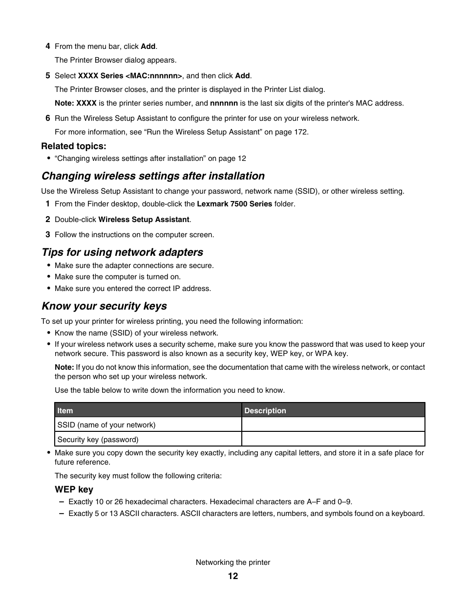 Changing wireless settings after installation, Tips for using network adapters, Know your security keys | Lexmark 7500 Series User Manual | Page 12 / 227