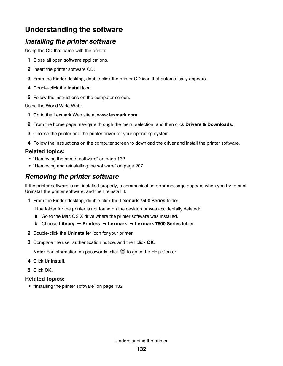 Understanding the software, Installing the printer software, Removing the printer software | Lexmark 7500 Series User Manual | Page 132 / 227