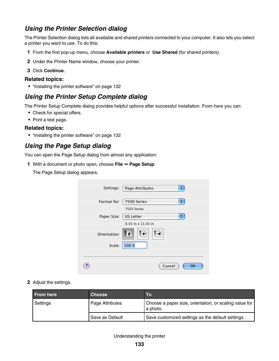 Using the printer selection dialog, Using the printer setup complete dialog, Using the page setup dialog | Lexmark 7500 Series User Manual | Page 133 / 227