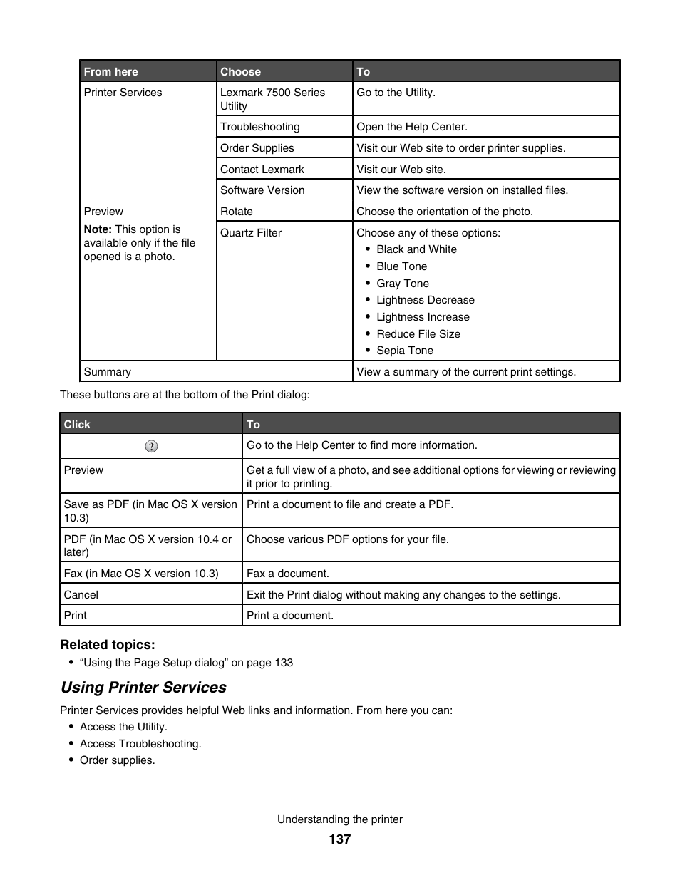 Using printer services | Lexmark 7500 Series User Manual | Page 137 / 227