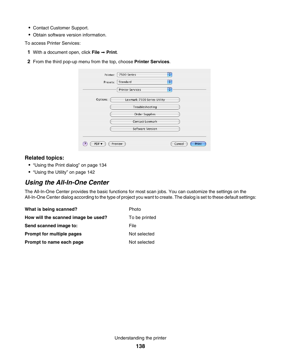 Using the all-in-one center | Lexmark 7500 Series User Manual | Page 138 / 227