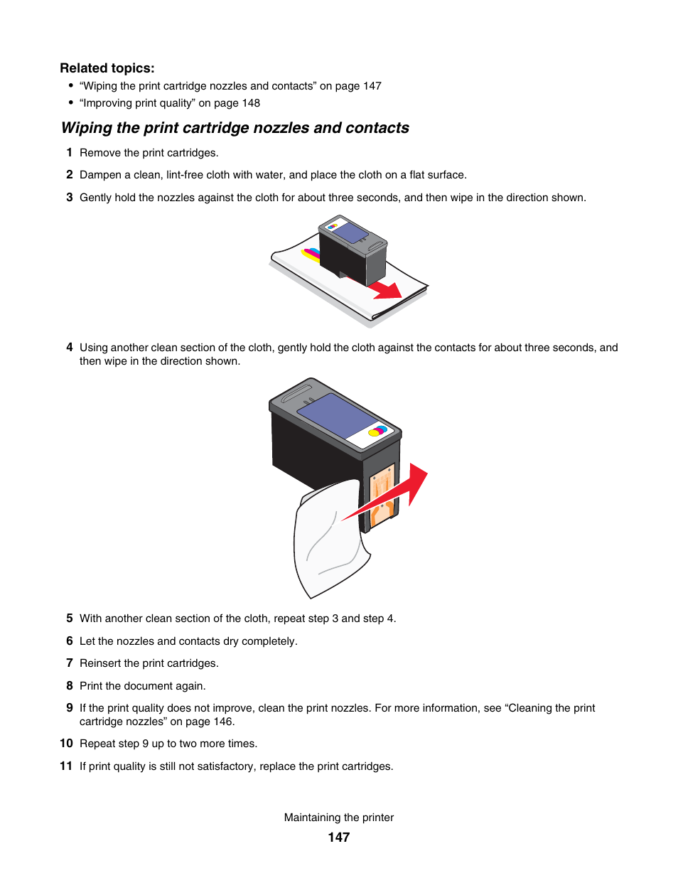 Wiping the print cartridge nozzles and contacts | Lexmark 7500 Series User Manual | Page 147 / 227