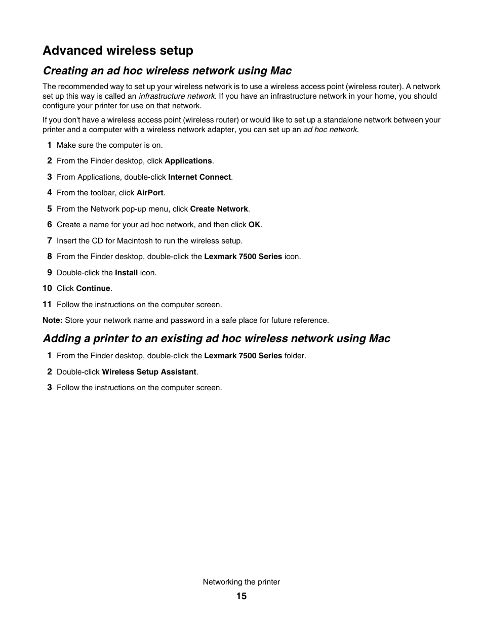 Advanced wireless setup, Creating an ad hoc wireless network using mac | Lexmark 7500 Series User Manual | Page 15 / 227