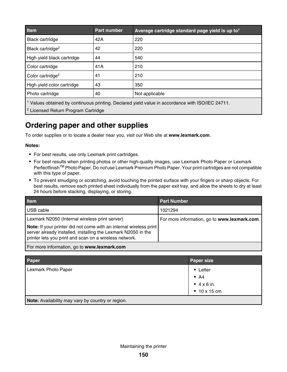 Ordering paper and other supplies | Lexmark 7500 Series User Manual | Page 150 / 227