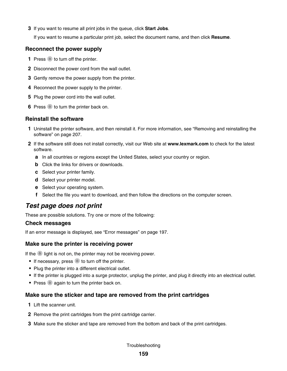 Test page does not print | Lexmark 7500 Series User Manual | Page 159 / 227
