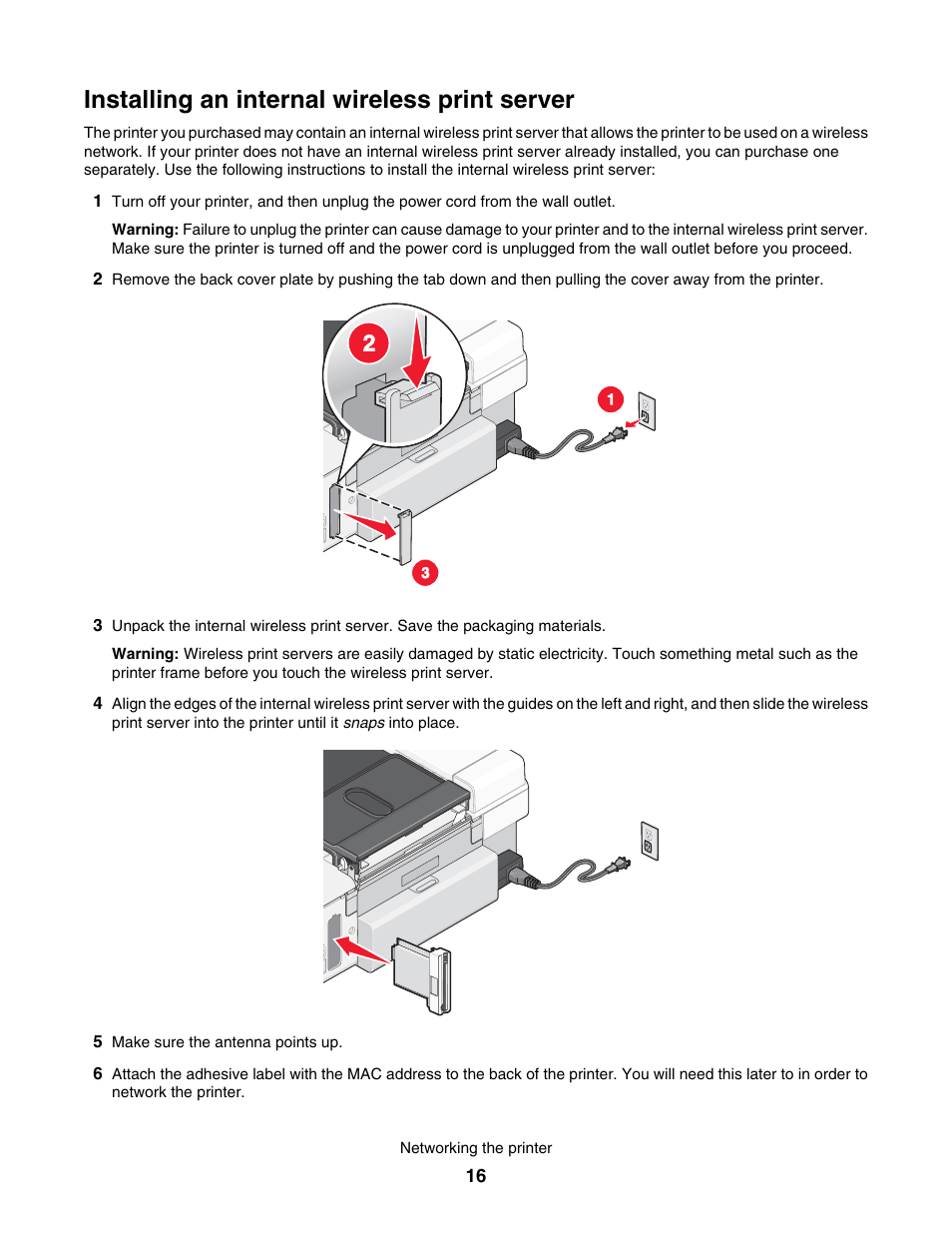 Installing an internal wireless print server | Lexmark 7500 Series User Manual | Page 16 / 227