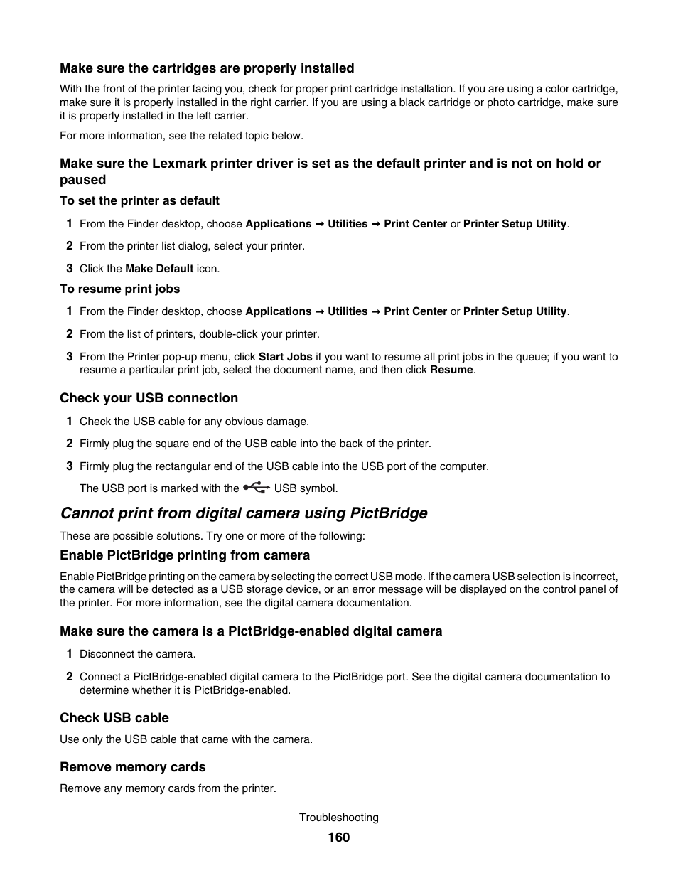 Cannot print from digital camera using pictbridge | Lexmark 7500 Series User Manual | Page 160 / 227