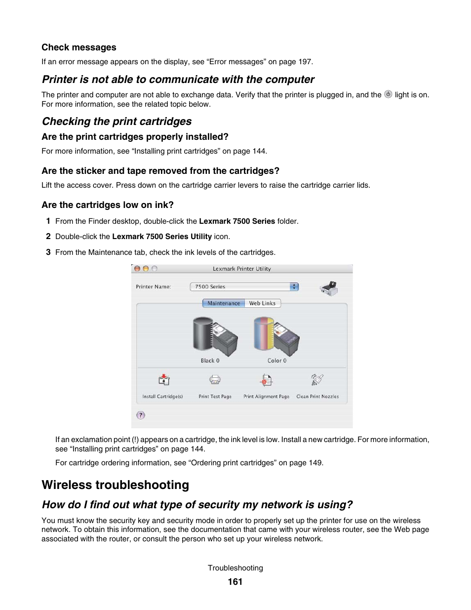 Checking the print cartridges, Wireless troubleshooting | Lexmark 7500 Series User Manual | Page 161 / 227