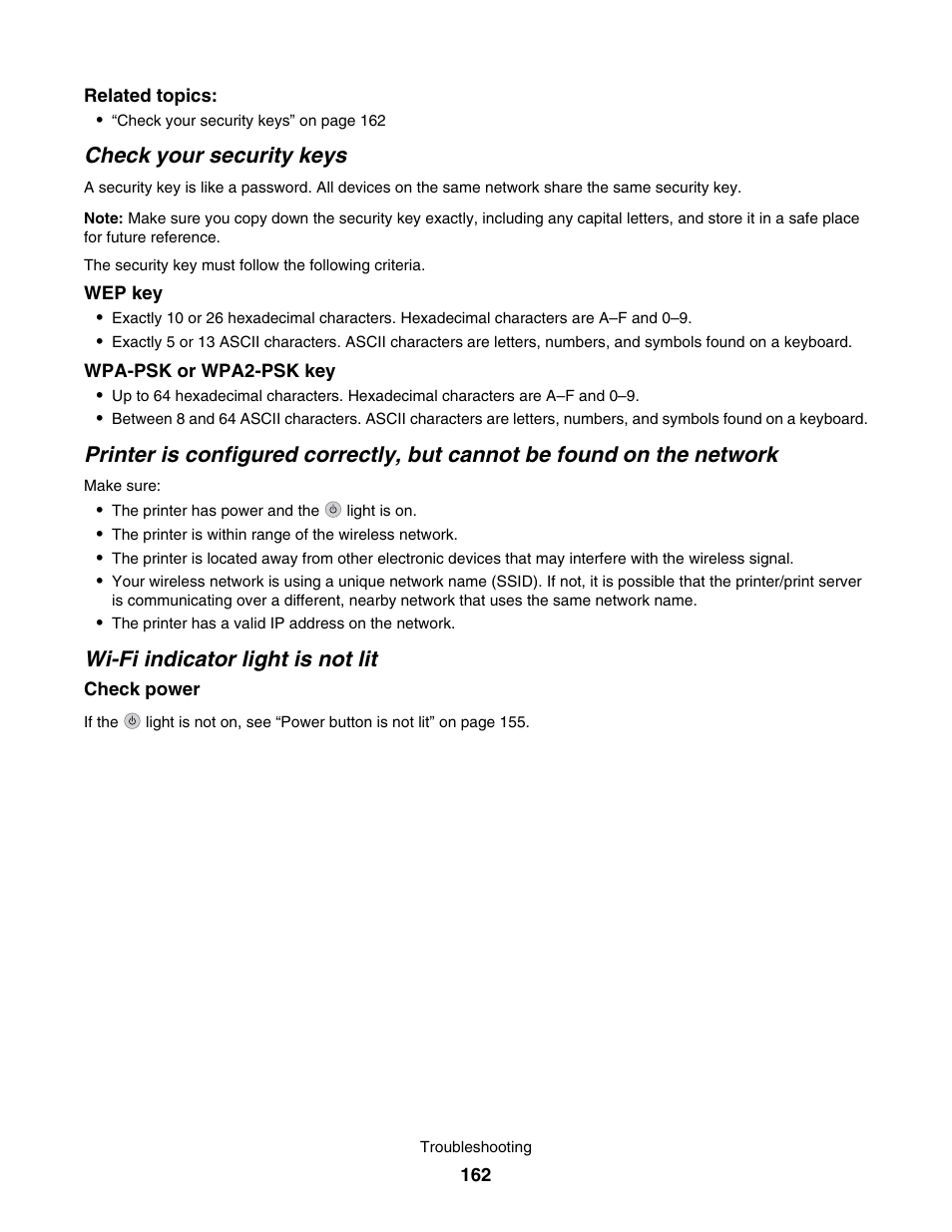 Check your security keys, Wi-fi indicator light is not lit | Lexmark 7500 Series User Manual | Page 162 / 227