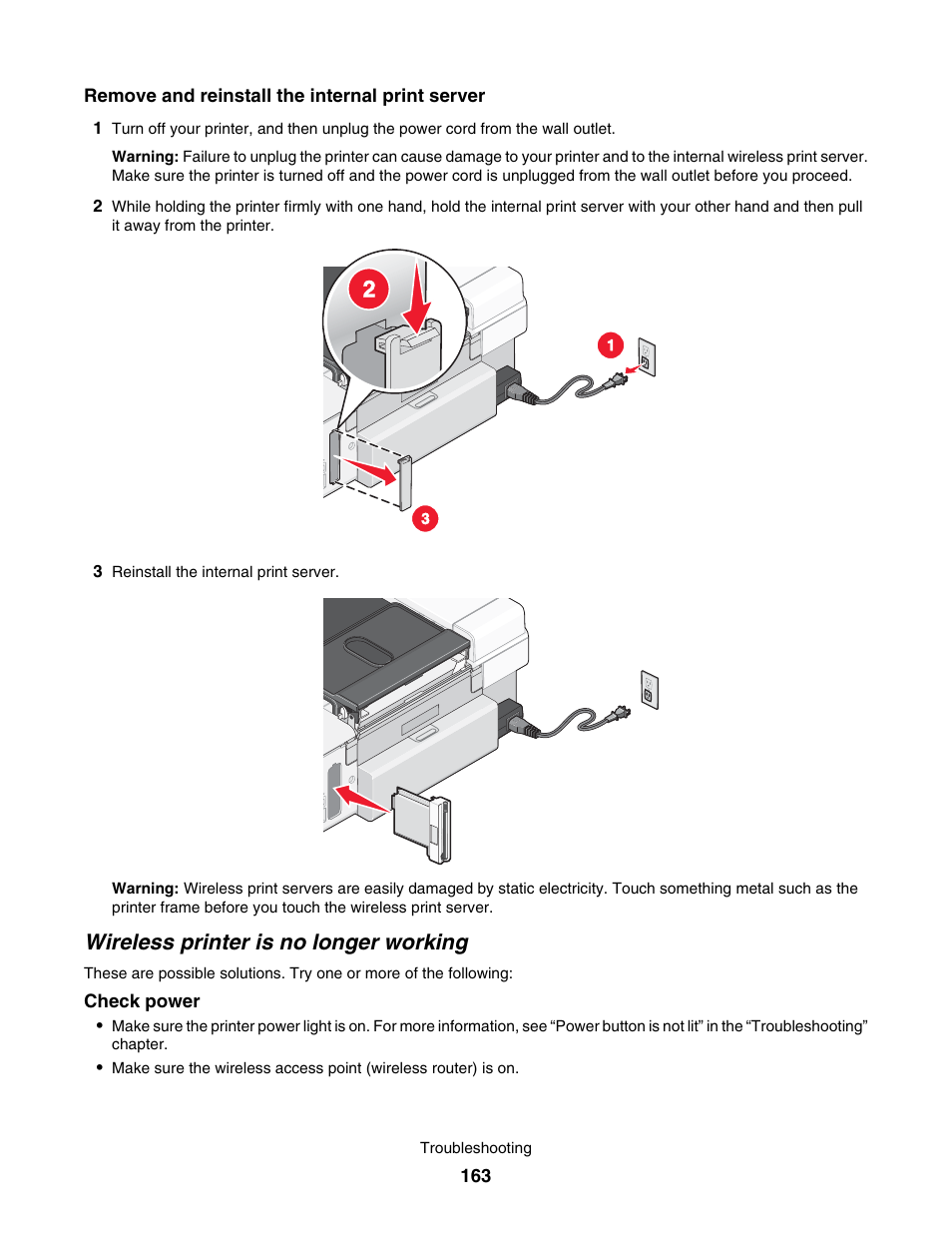 Wireless printer is no longer working | Lexmark 7500 Series User Manual | Page 163 / 227