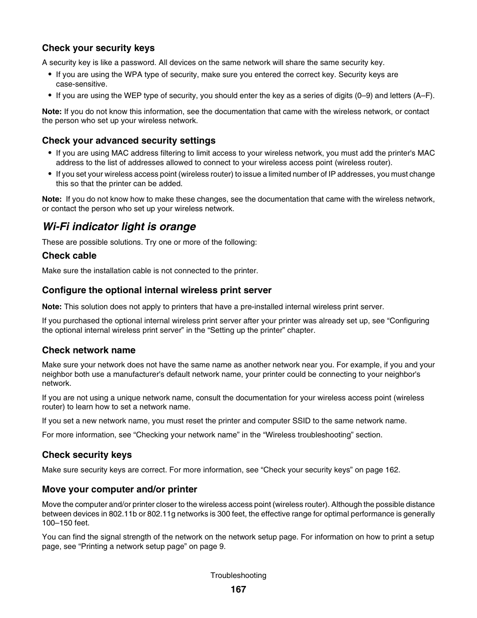 Wi-fi indicator light is orange | Lexmark 7500 Series User Manual | Page 167 / 227