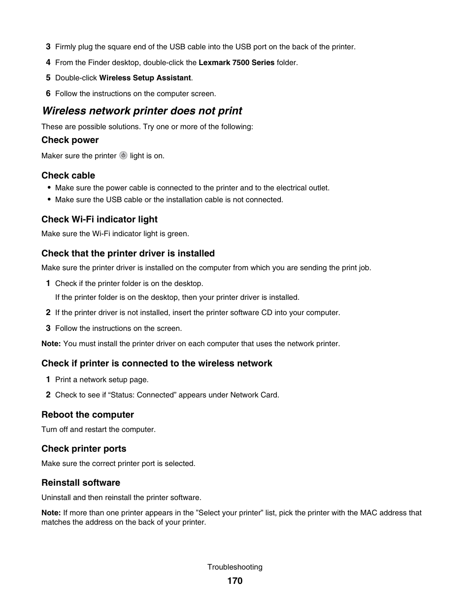 Wireless network printer does not print | Lexmark 7500 Series User Manual | Page 170 / 227