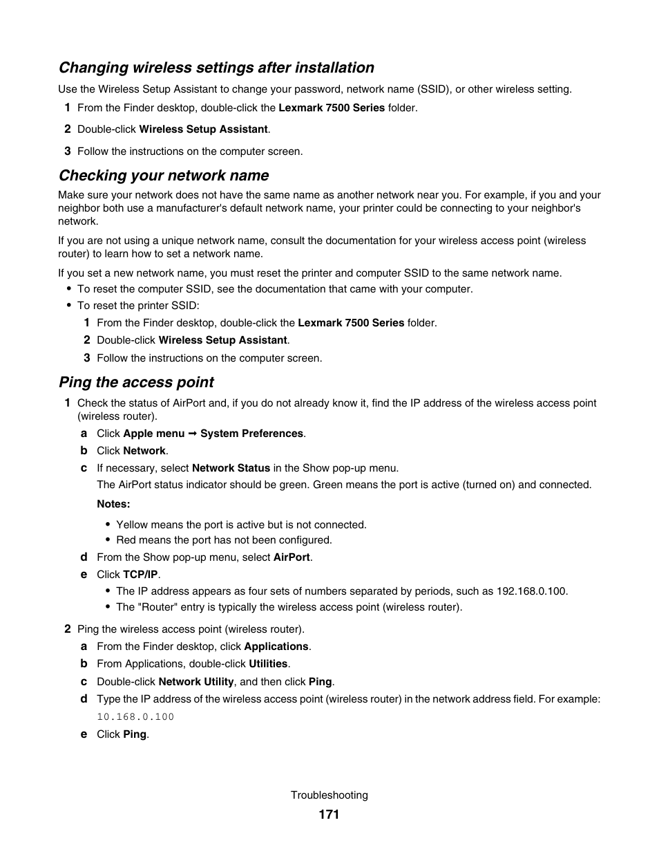 Changing wireless settings after installation, Checking your network name, Ping the access point | Lexmark 7500 Series User Manual | Page 171 / 227