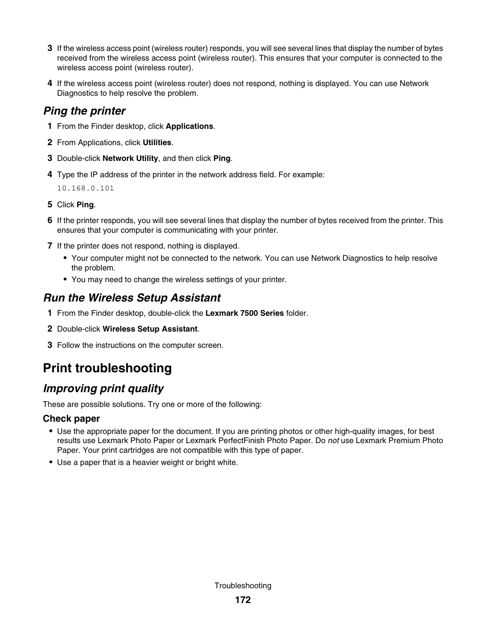 Ping the printer, Run the wireless setup assistant, Print troubleshooting | Improving print quality | Lexmark 7500 Series User Manual | Page 172 / 227