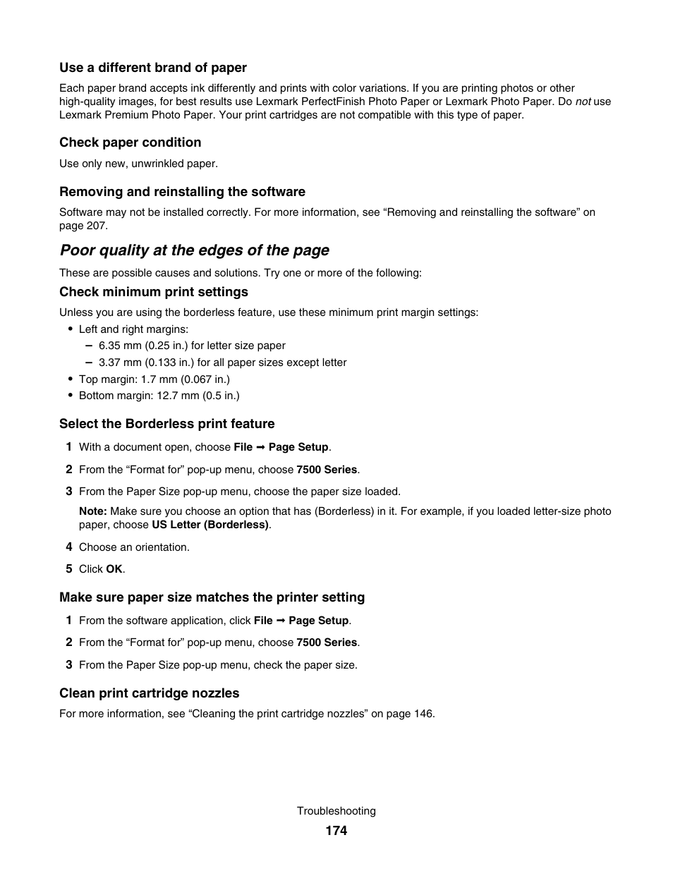 Poor quality at the edges of the page | Lexmark 7500 Series User Manual | Page 174 / 227