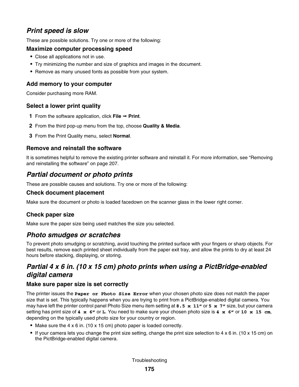 Print speed is slow, Partial document or photo prints, Photo smudges or scratches | Lexmark 7500 Series User Manual | Page 175 / 227