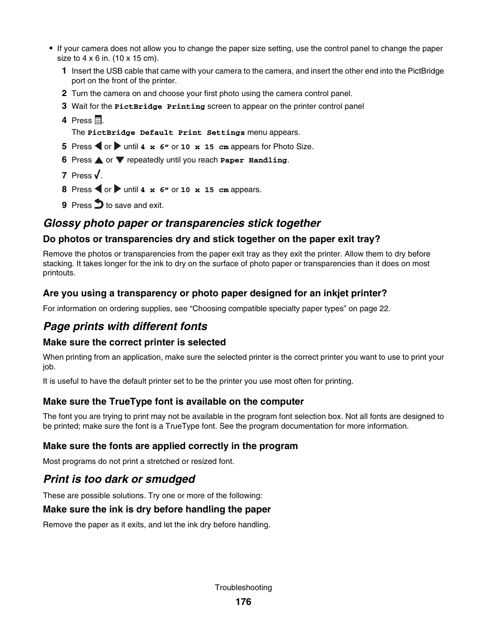 Print is too dark or smudged, Page prints with different fonts | Lexmark 7500 Series User Manual | Page 176 / 227