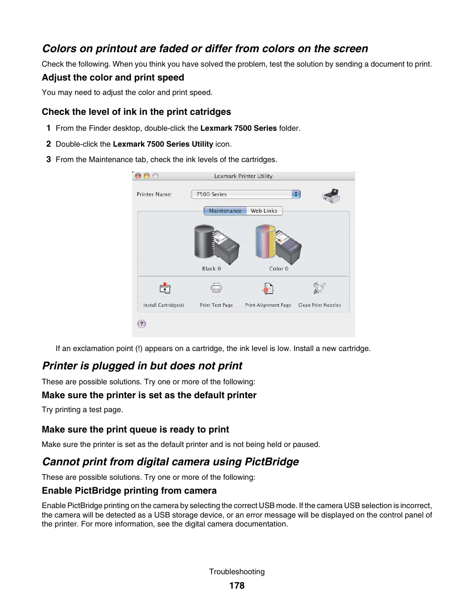 Printer is plugged in but does not print, Cannot print from digital camera using pictbridge | Lexmark 7500 Series User Manual | Page 178 / 227