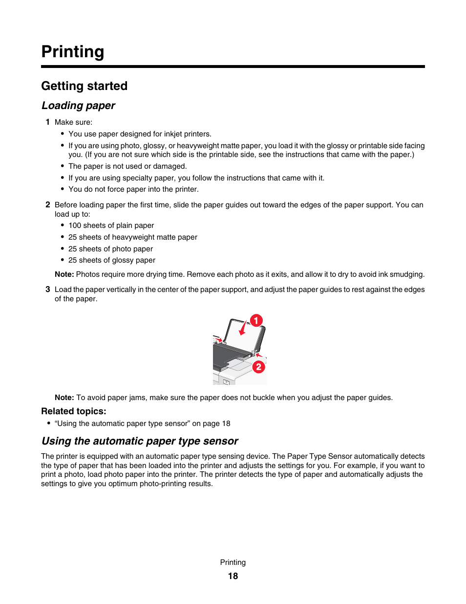 Printing, Getting started, Loading paper | Using the automatic paper type sensor | Lexmark 7500 Series User Manual | Page 18 / 227