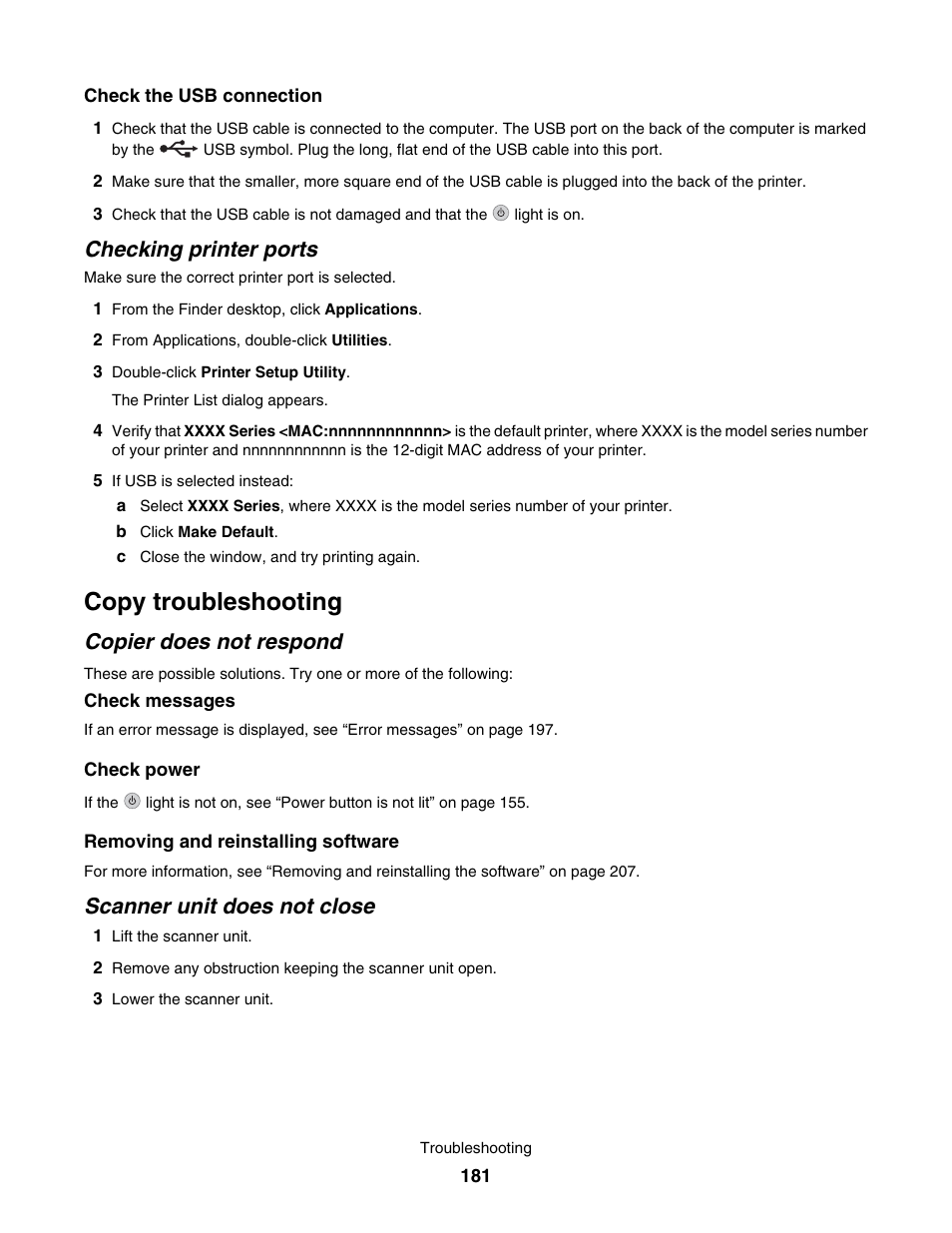 Checking printer ports, Copy troubleshooting, Copier does not respond | Scanner unit does not close | Lexmark 7500 Series User Manual | Page 181 / 227