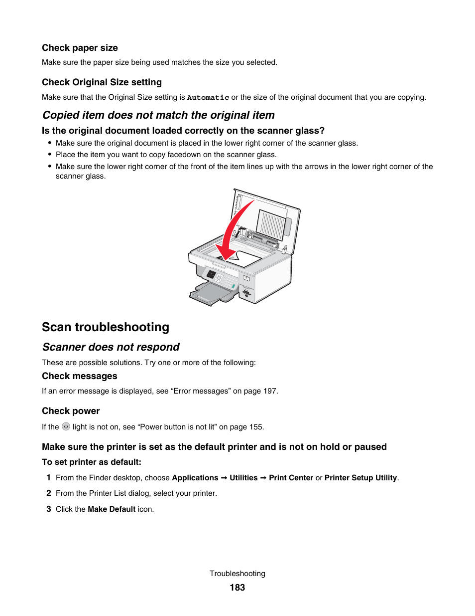 Copied item does not match the original item, Scan troubleshooting, Scanner does not respond | Lexmark 7500 Series User Manual | Page 183 / 227