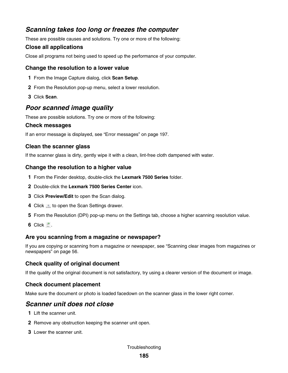 Scanning takes too long or freezes the computer, Poor scanned image quality, Scanner unit does not close | Lexmark 7500 Series User Manual | Page 185 / 227