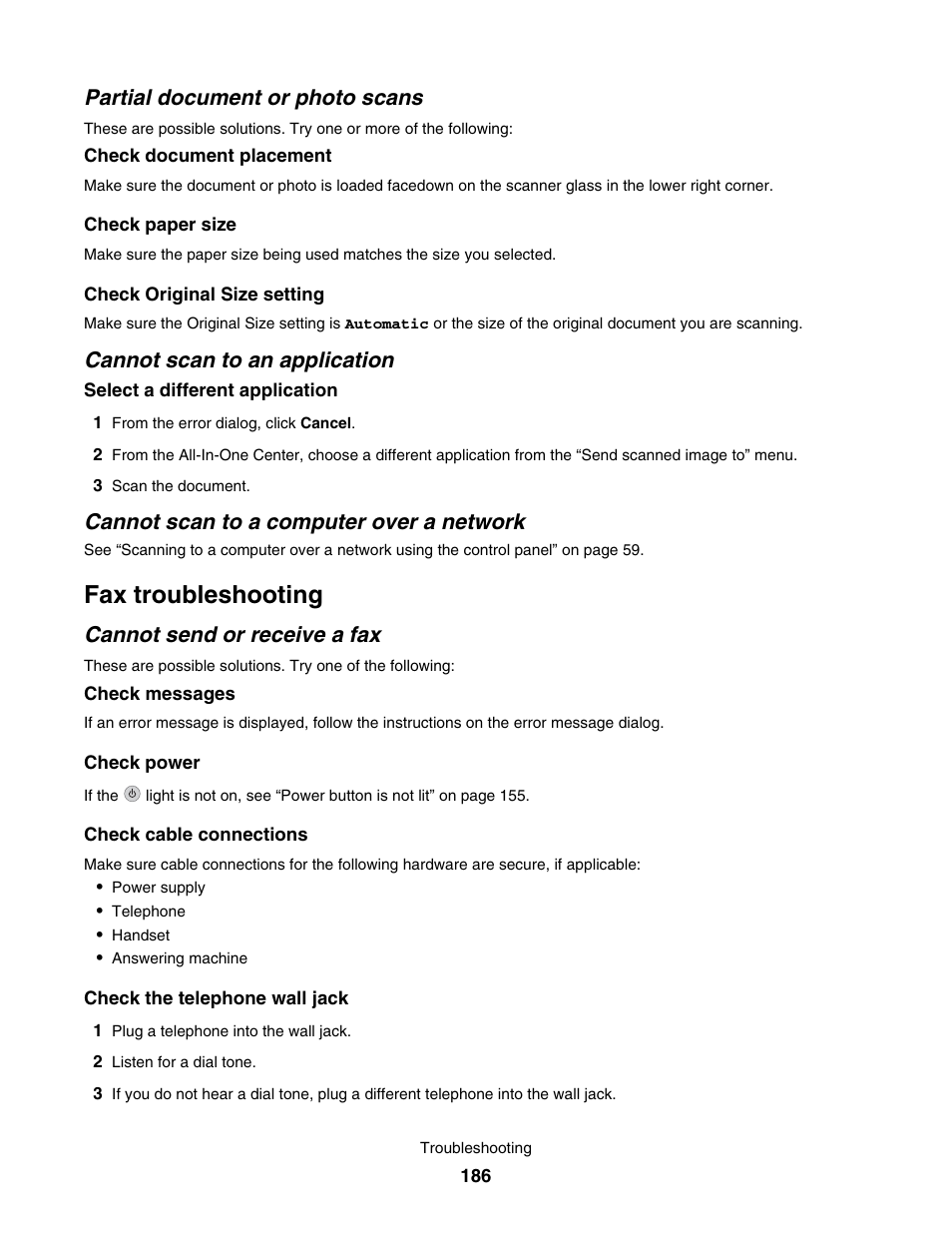 Partial document or photo scans, Cannot scan to an application, Cannot scan to a computer over a network | Fax troubleshooting, Cannot send or receive a fax | Lexmark 7500 Series User Manual | Page 186 / 227