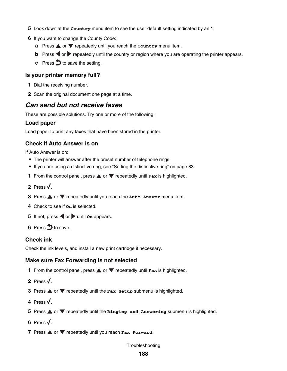 Can send but not receive faxes | Lexmark 7500 Series User Manual | Page 188 / 227