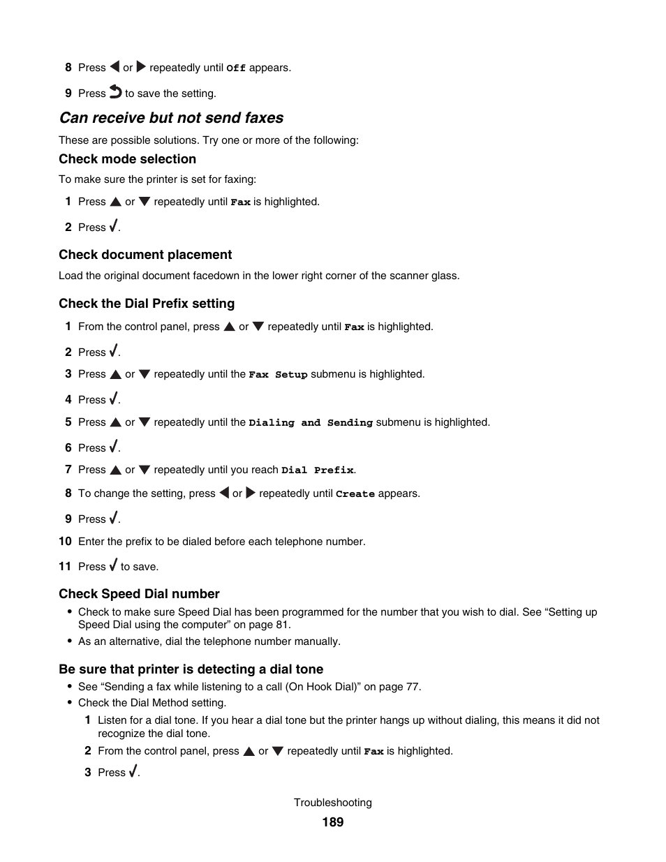 Can receive but not send faxes | Lexmark 7500 Series User Manual | Page 189 / 227