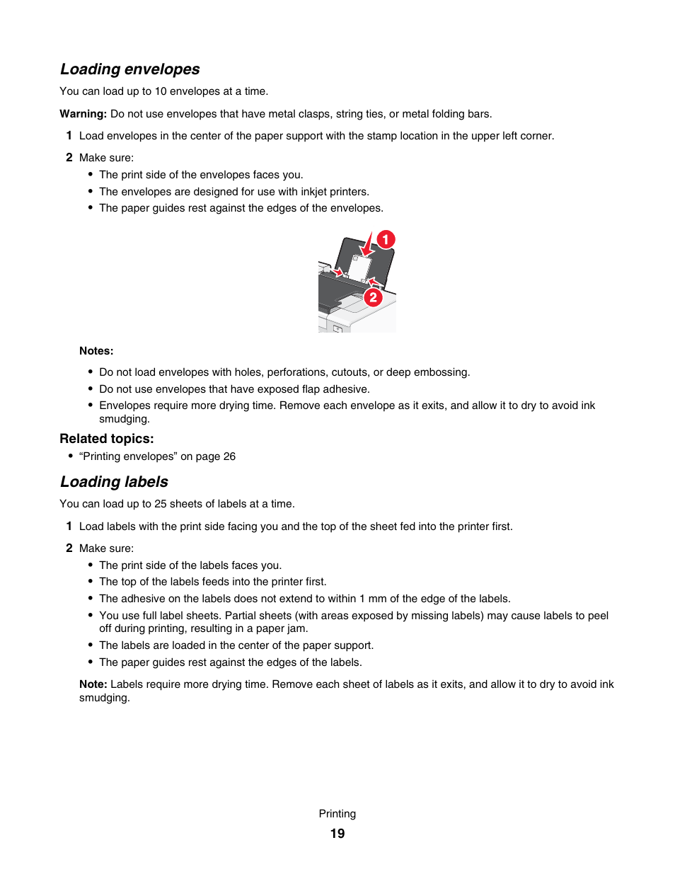 Loading envelopes, Loading labels | Lexmark 7500 Series User Manual | Page 19 / 227